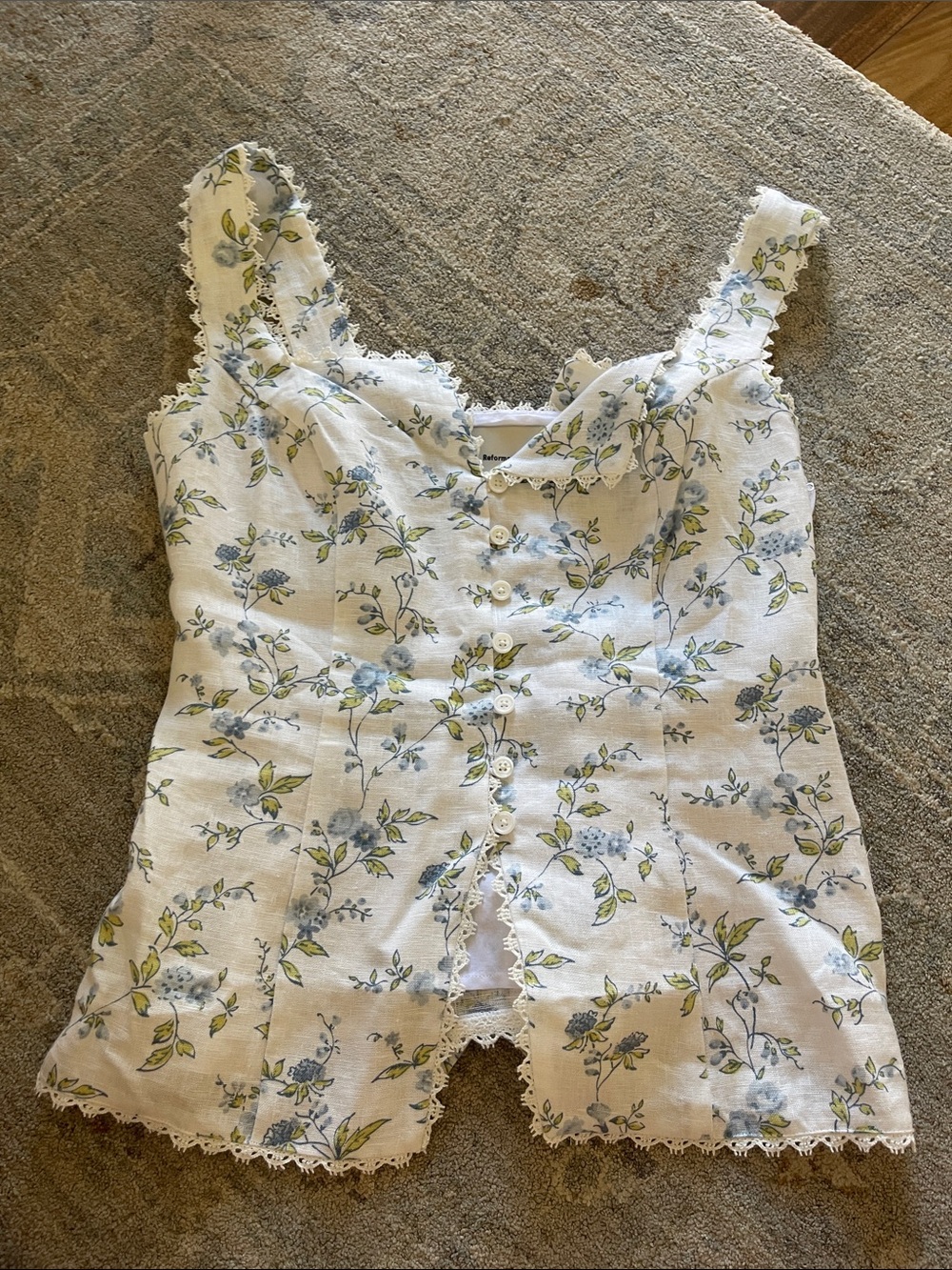 Reformation White Floral Lace-Trim Button Cami with Blue & Green Print